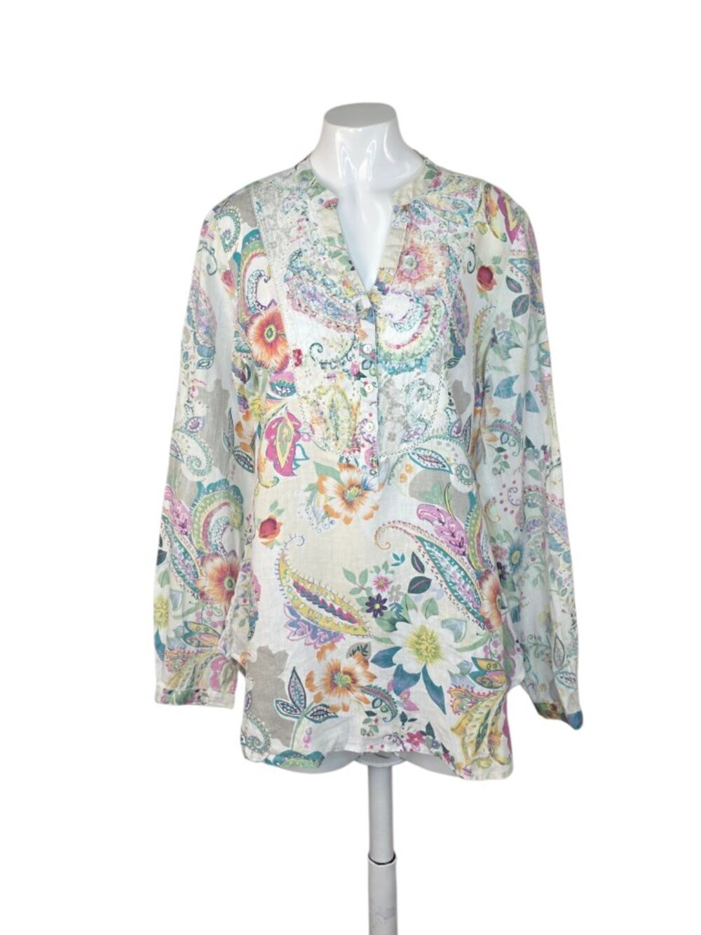 Malvin 100% Linen Paisley Print Long Sleeve Shirt, Button Front, V-Neck, Size S